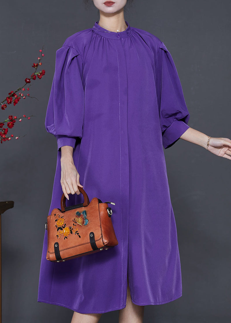 Purple Stand Collar Puff Sleeve Cotton Sundress