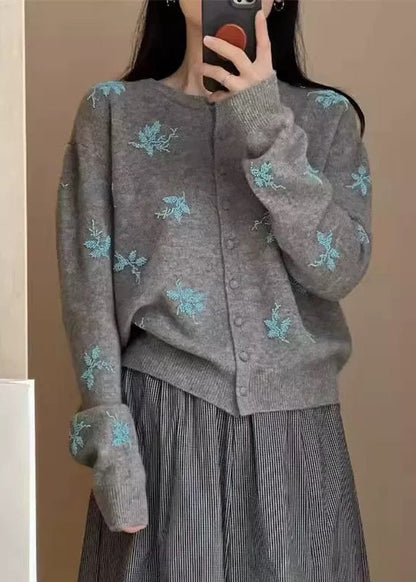 Navy Embroidered Button Knit Coat Fall
