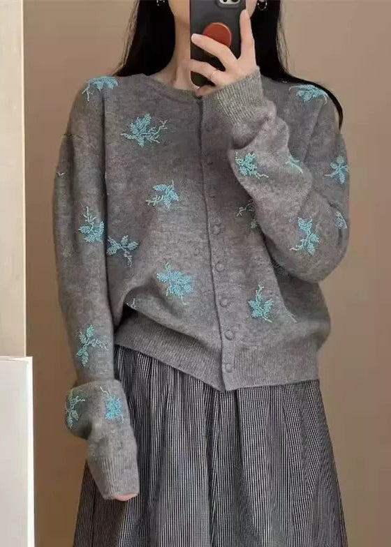 Navy Embroidered Button Knit Coat Fall
