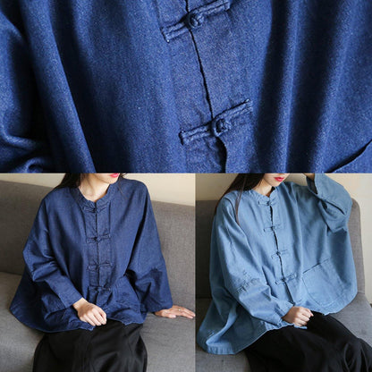 Denim Dark Blue Clothes for Stand Collar Chinese Button Tunic Blouse