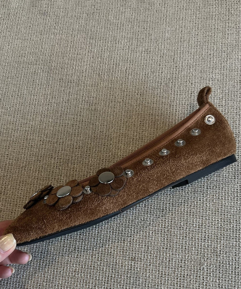 Brown Suede Rivet Splicing Flat Shoes for