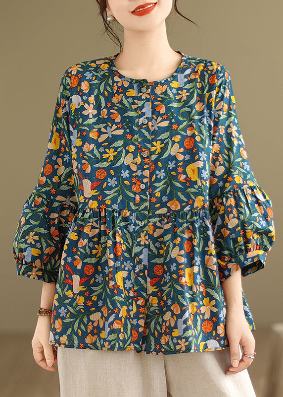 Green Print Patchwork Wrinkled Tops Fall