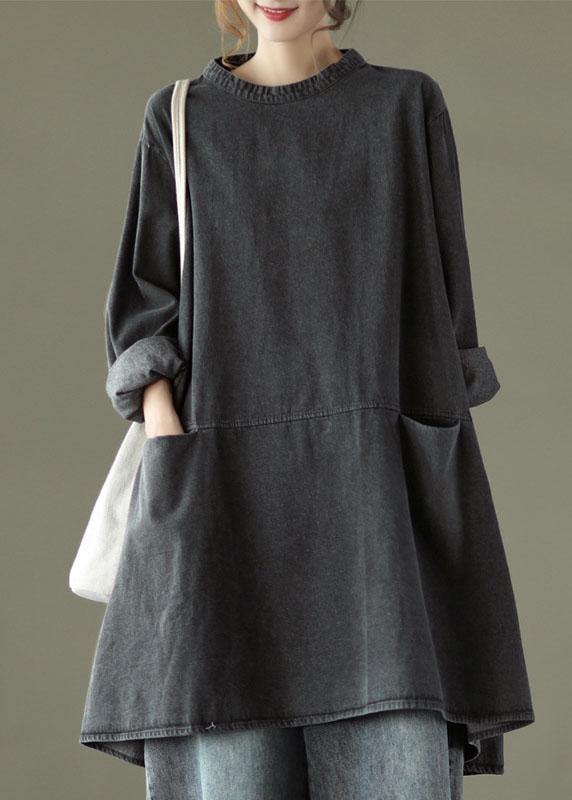 Black Grey O-neck Pockets Denim Long Dresses Long Sleeve