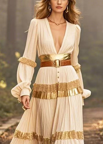 French Beige Deep-v Neck Patchwork Cinched Dresses Lantern Sleeve