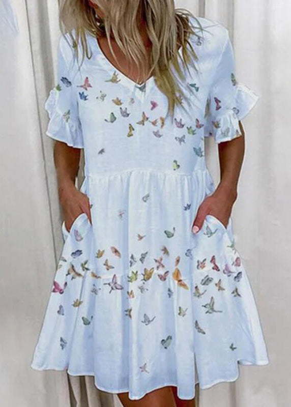 New V Neck Ruffled Butterfly Print Cotton Dress Summer