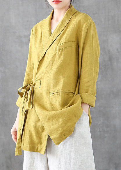 Yellow Linen Coats Notched Collar Tie Waist Long Sleeve