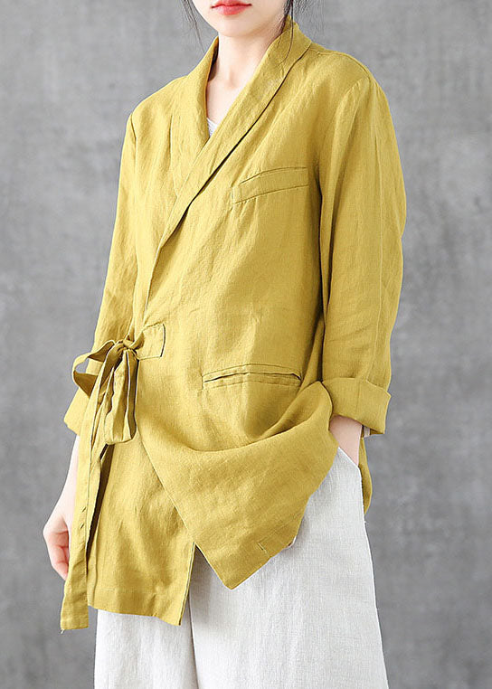 Yellow Linen Coats Notched Collar Tie Waist Long Sleeve