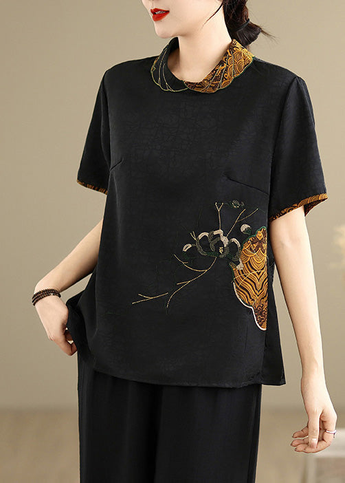 Black Stand Collar Embroidered Silk Shirt Top Summer