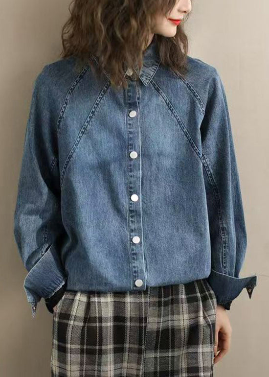 Blue Peter Pan Collar Denim Shirts Spring
