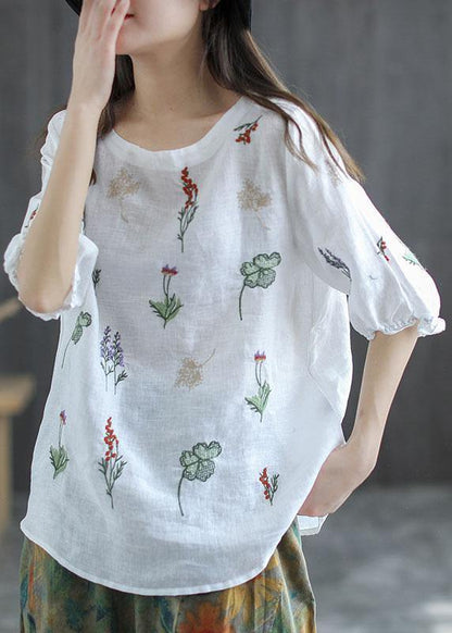 Pink Embroidered O-neck Half Sleeve Ramie Blouses Summer