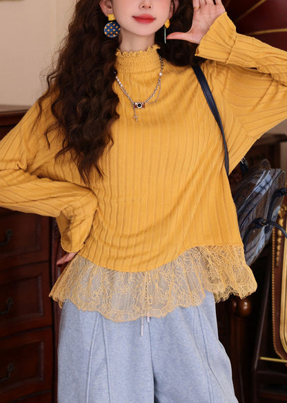Blue Ruffled Lace Patchwork Knit Top Spring