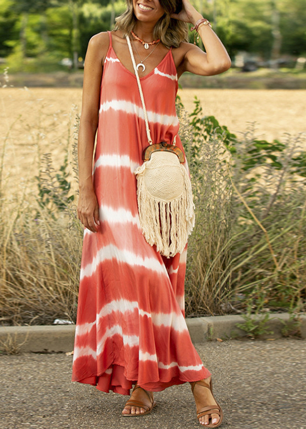 Unique Blue Striped Tie Dye Cotton Spaghetti Strap Dress Summer