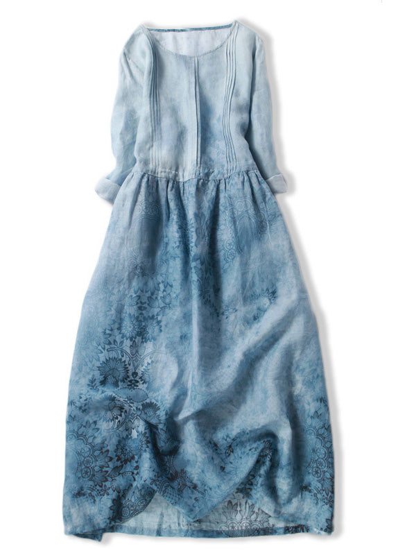 Fitted Blue O-neck Patchwork Tunic Long Dresses Half Sleeve