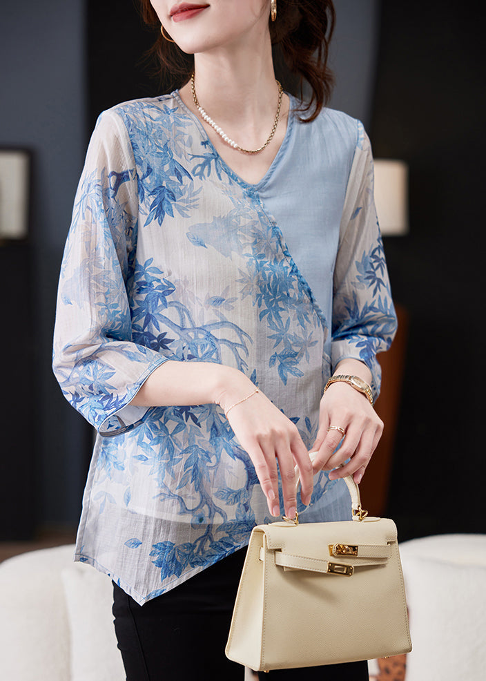 Blue Asymmetrical Print Tie Waist Chiffon Top Bracelet Sleeve