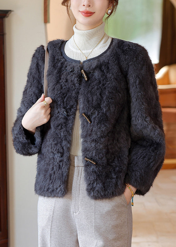 Dark Grey O-neck Thick Faux Fur Coat Winter