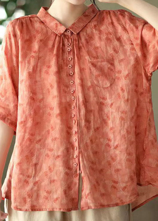Diy Red Peter Pan Collar Print Patchwork Linen Blouses Summer