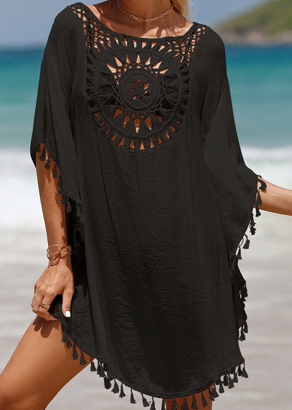 White O Neck Hollow Out Tassel Cotton Mid Dress Summer