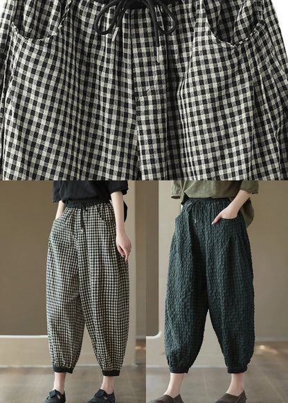 Black Plaid Elastic Waist Harem Pants Summer