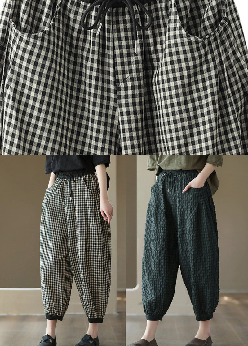 Black Plaid Elastic Waist Harem Pants Summer