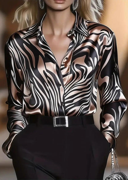 Modern Black Zebra Pattern Peter Pan Collar Silk Blouse Tops Spring