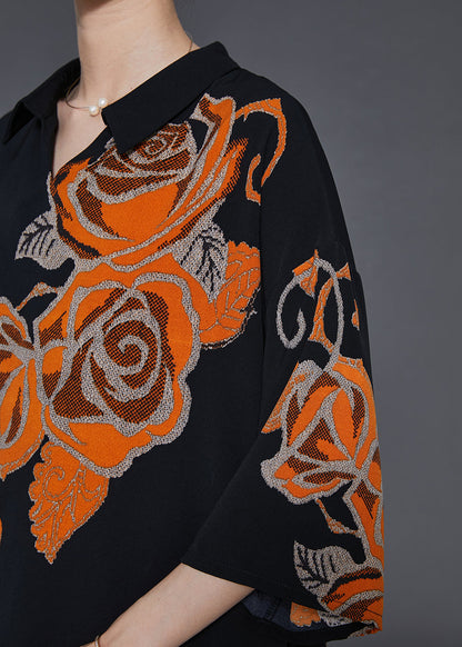 Black Oversized Print Silk Shirts Bracelet Sleeve