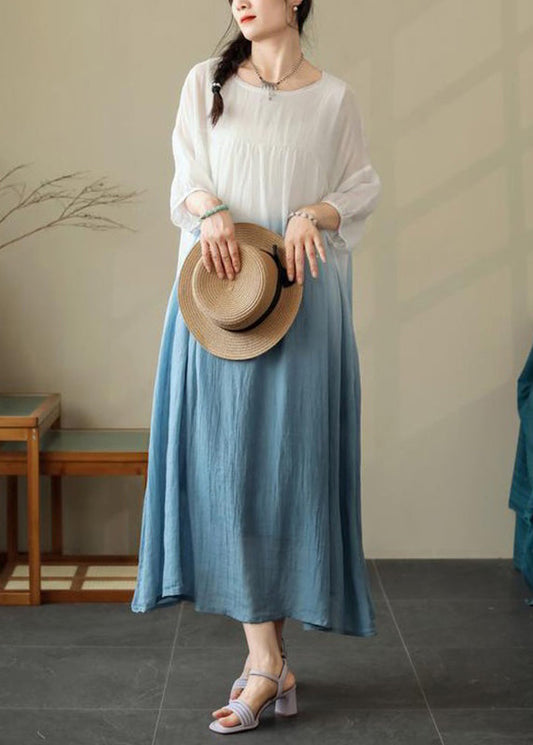 Blue Wrinkled Cotton Dresses O Neck Summer