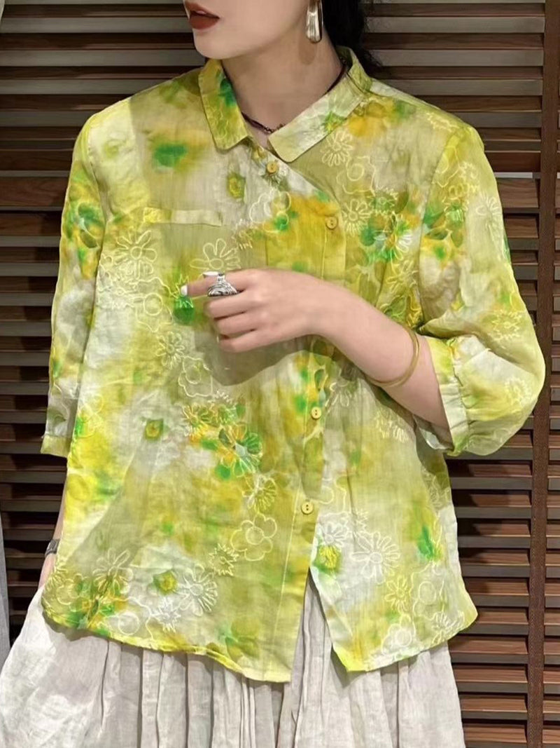Summer Flower Slant Button-up Ramie Shirt