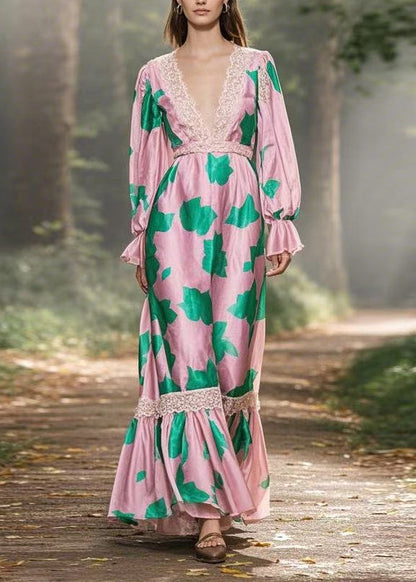 V Neck Print Lace Patchwork Silk Long Dress Spring