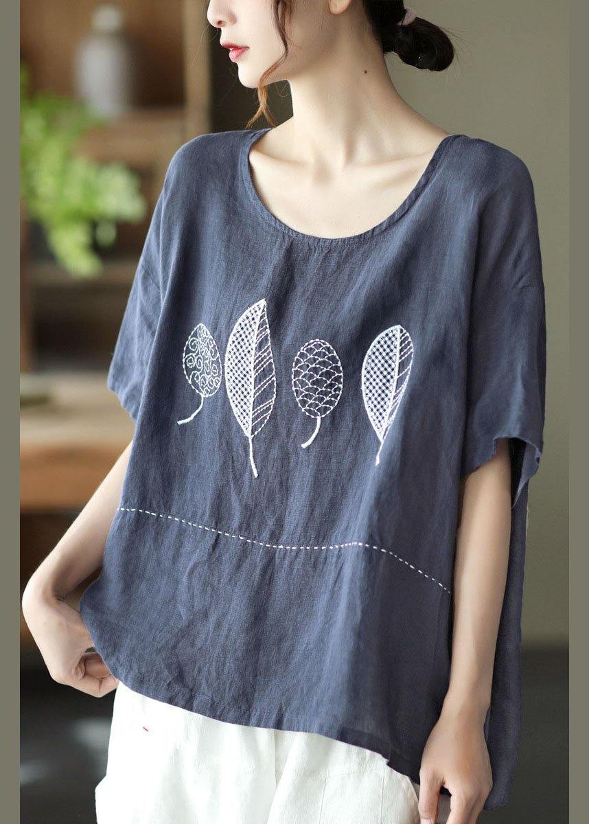 French Red Summer O-neck Embroidered Linen Half Sleeve T Shirt