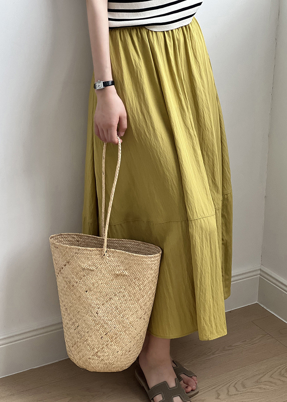 Simple Yellow Elastic Waist Exra Large Hem Cotton Skirt Fall
