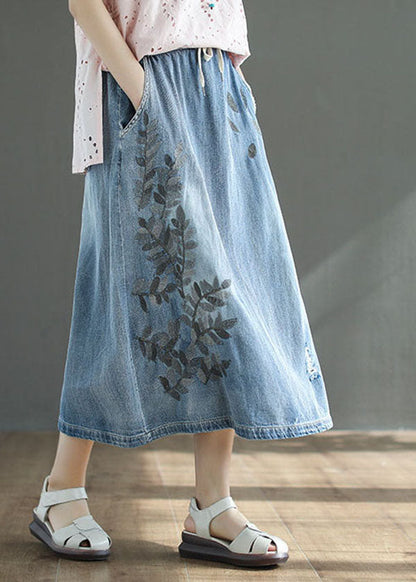 French Light Blue High Waist Drawstring Print Cotton Denim Skirts Summer