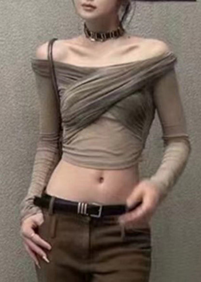 Style Grey Slash Shoulder Asymmetrical Tulle Tops Fall