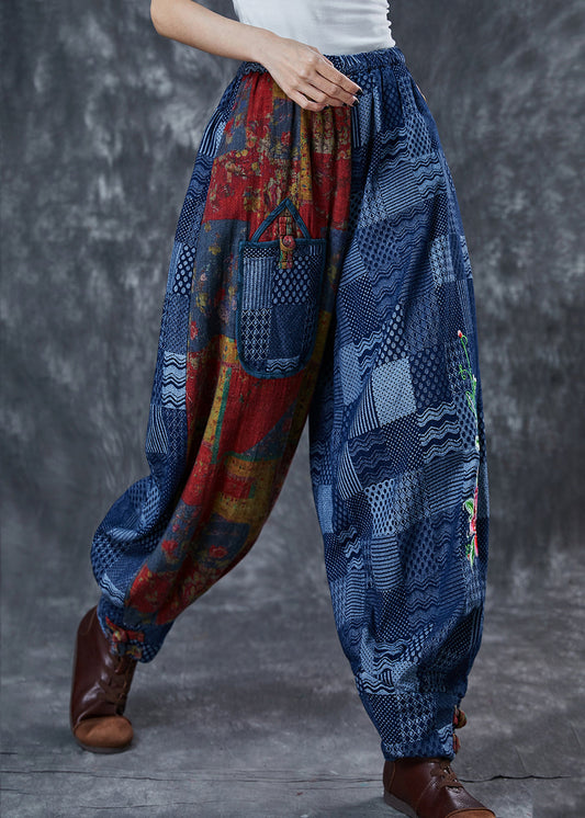 Blue Embroidered Print Cotton Pants Summer
