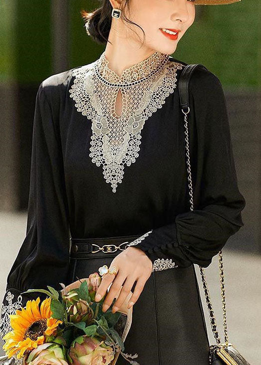 Black Stand Collar Embroidered Hollow Out Chiffon Blouse Tops Long Sleeve