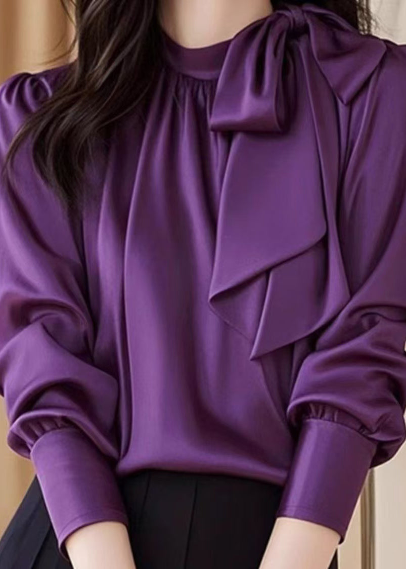 Slim Fit Purple Lace Up Silk Blouses Fall