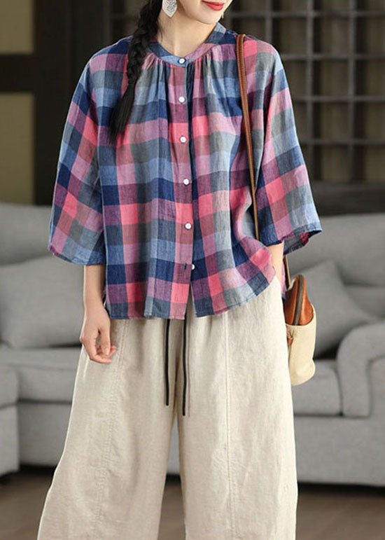 Blue O Neck Plaid Linen Top Flare Sleeve