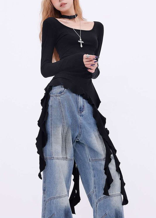 New Black Asymmetrical Cotton T Shirts Spring