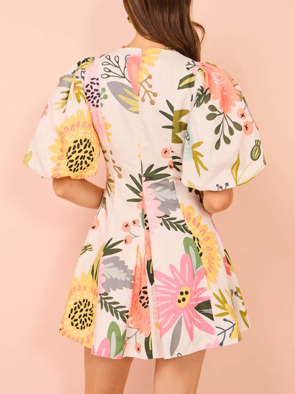 Puff Sleeve Print Pocketed Mini Dress
