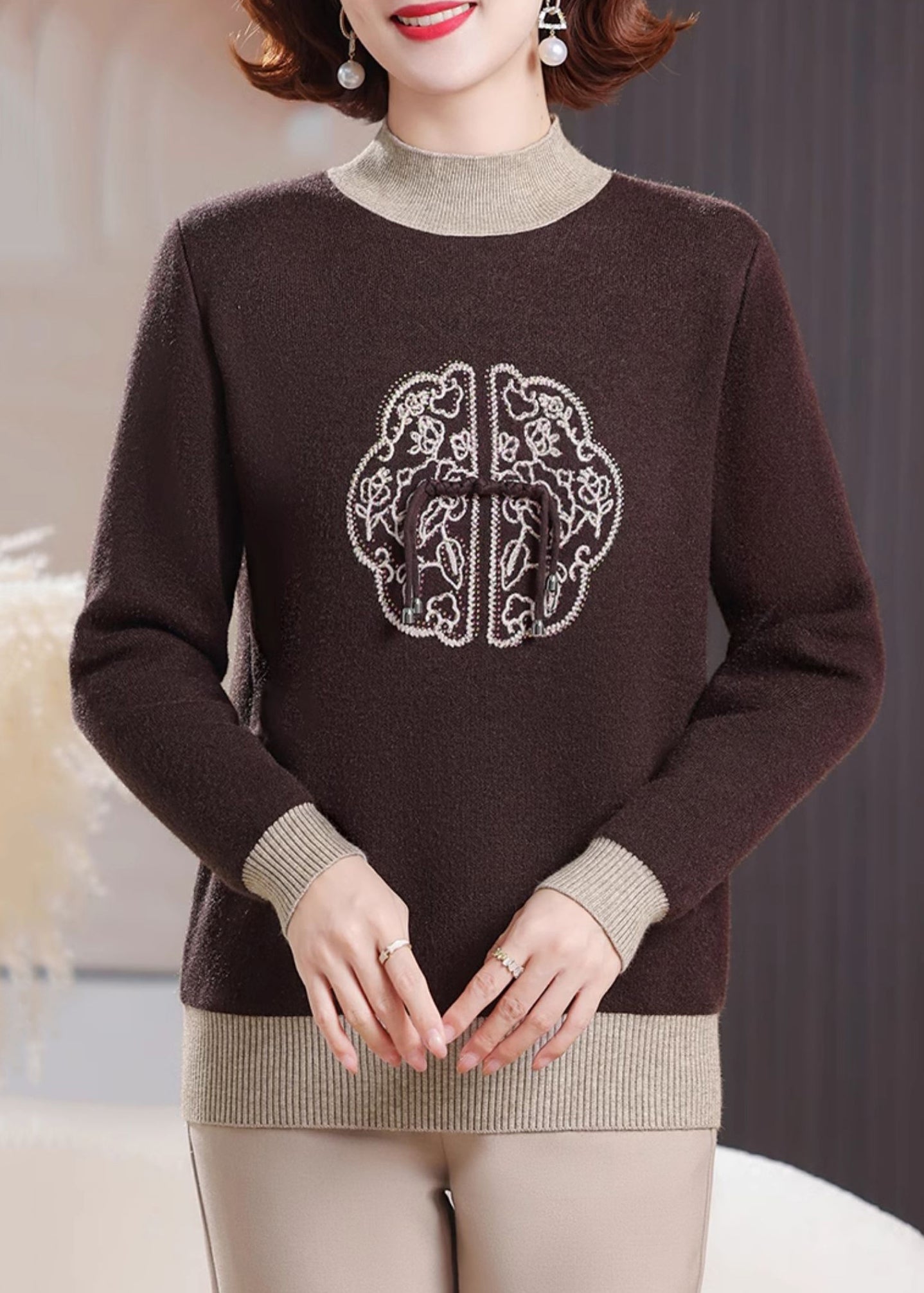 Green Turtleneck Zircon Patchwork Warm Fleece Sweater Winter