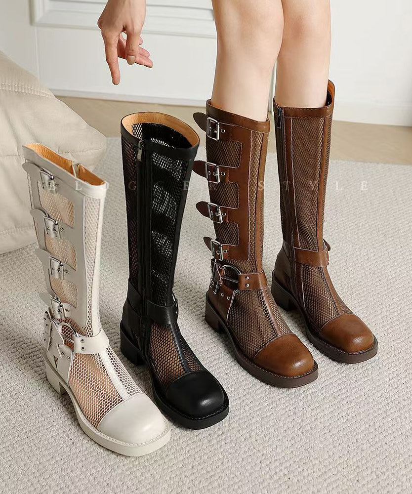 Splicing Chunky Hollow Out Breathable Boots Beige Genuine Leather