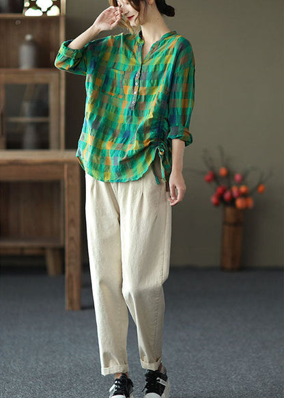Green Loose Plaid Drawstring Fall Long Sleeve Shirt