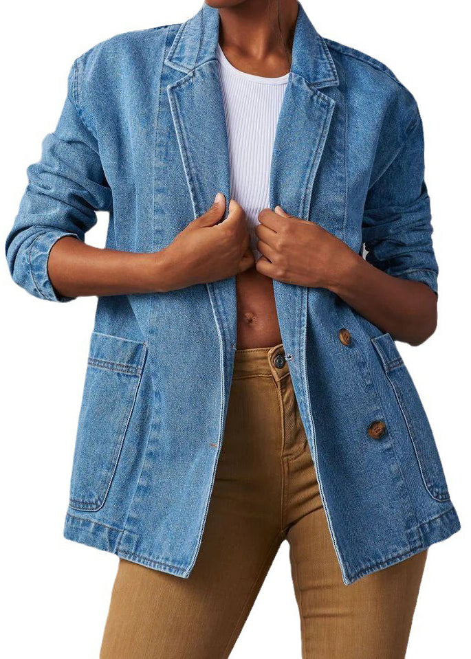 Boutique Blue Notched Pockets Button Denim Coats Fall