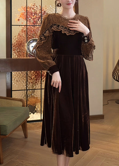 Coffee Lace Patchwork Silk Velvet Dress Spring