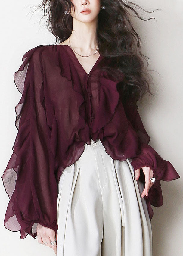Mulberry V Neck Ruffled Patchwork Chiffon Blouses Summer