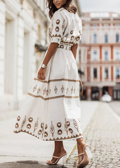 White Stand Collar Print Lace Up Cotton Dress Summer
