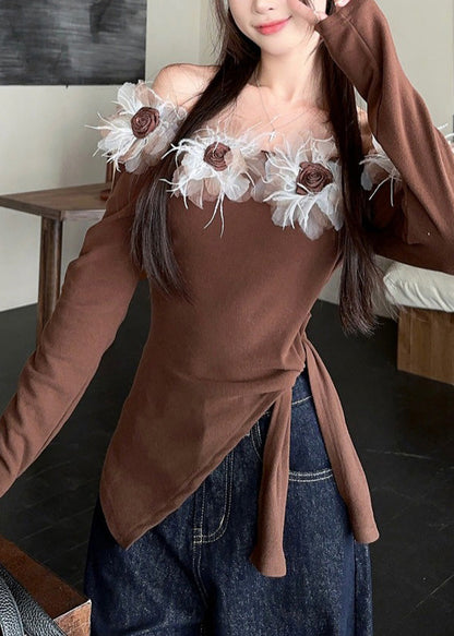 Slim Fit Coffee Cold Shoulder Patchwork Tie Wist Top Spring