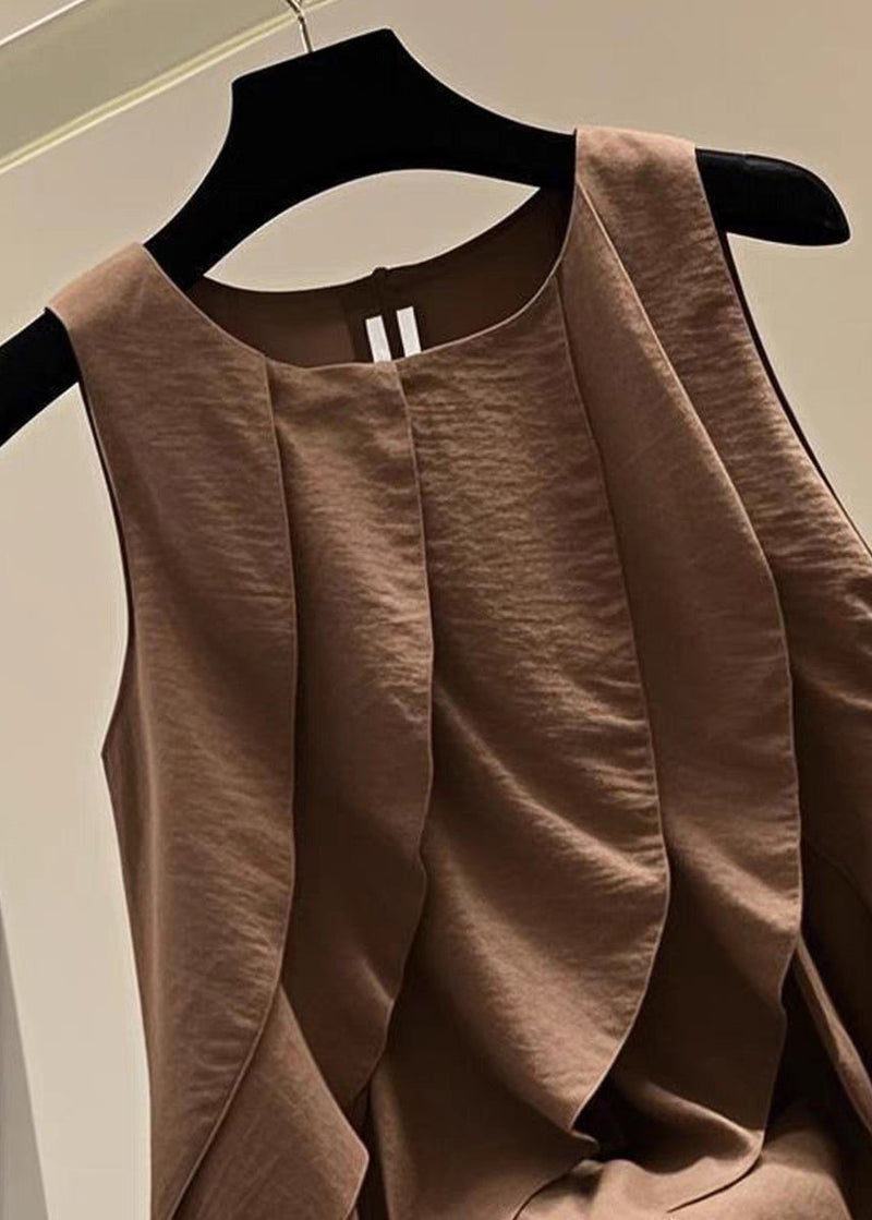 Brown O-neck Ruffled Patchwork T Shirts Summer