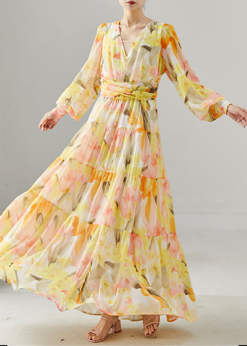 Orange Print Exra Large Hem Chiffon Beach Dress Fall