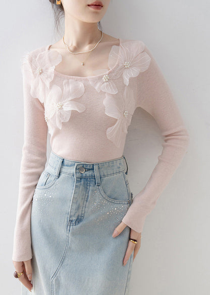 Slim Fit Pink O Neck Nail Bead Knit Top Spring