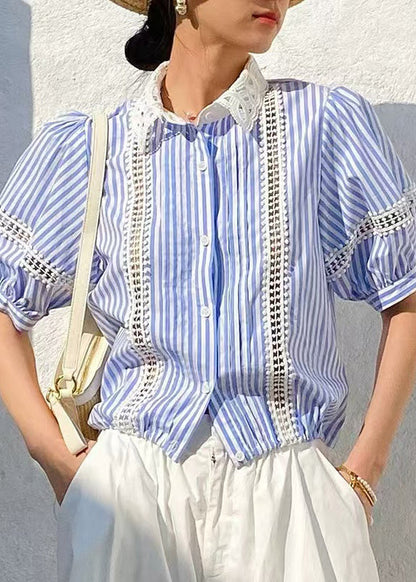Blue Striped Hollow Out Cotton Blouses Summer